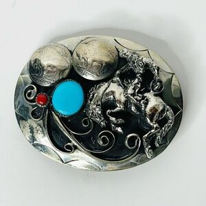 Vintage Navajo Buffalo Silver Nickel Bucking Horse Cowboy Turquoise Belt Buckle